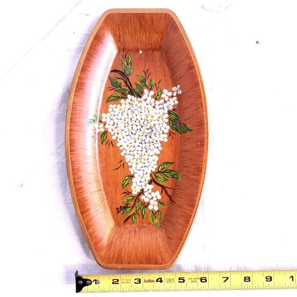 Vintage Hand-Painted Wood Look Trays Floral Design Set Of 2 11"x6" Signed - Picture 6 of 6